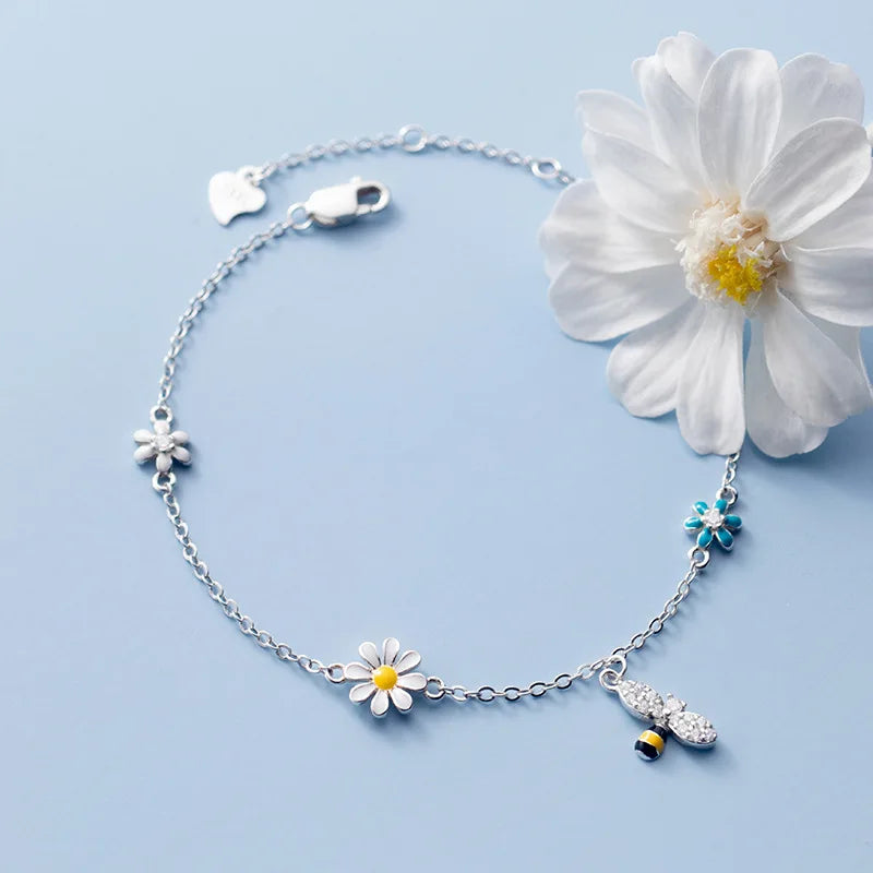 925 Silver Bee Daisy Zircon Tassel Bangle Bracelet Women
