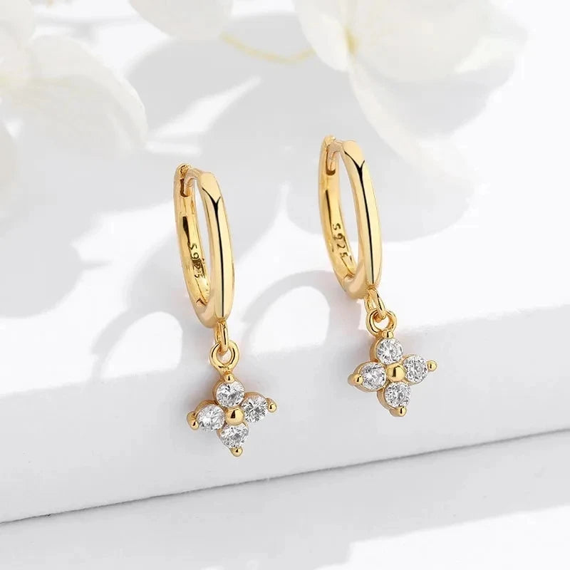 925 Silver Zircon Four Leaf Hoop Earrings for Women Girls