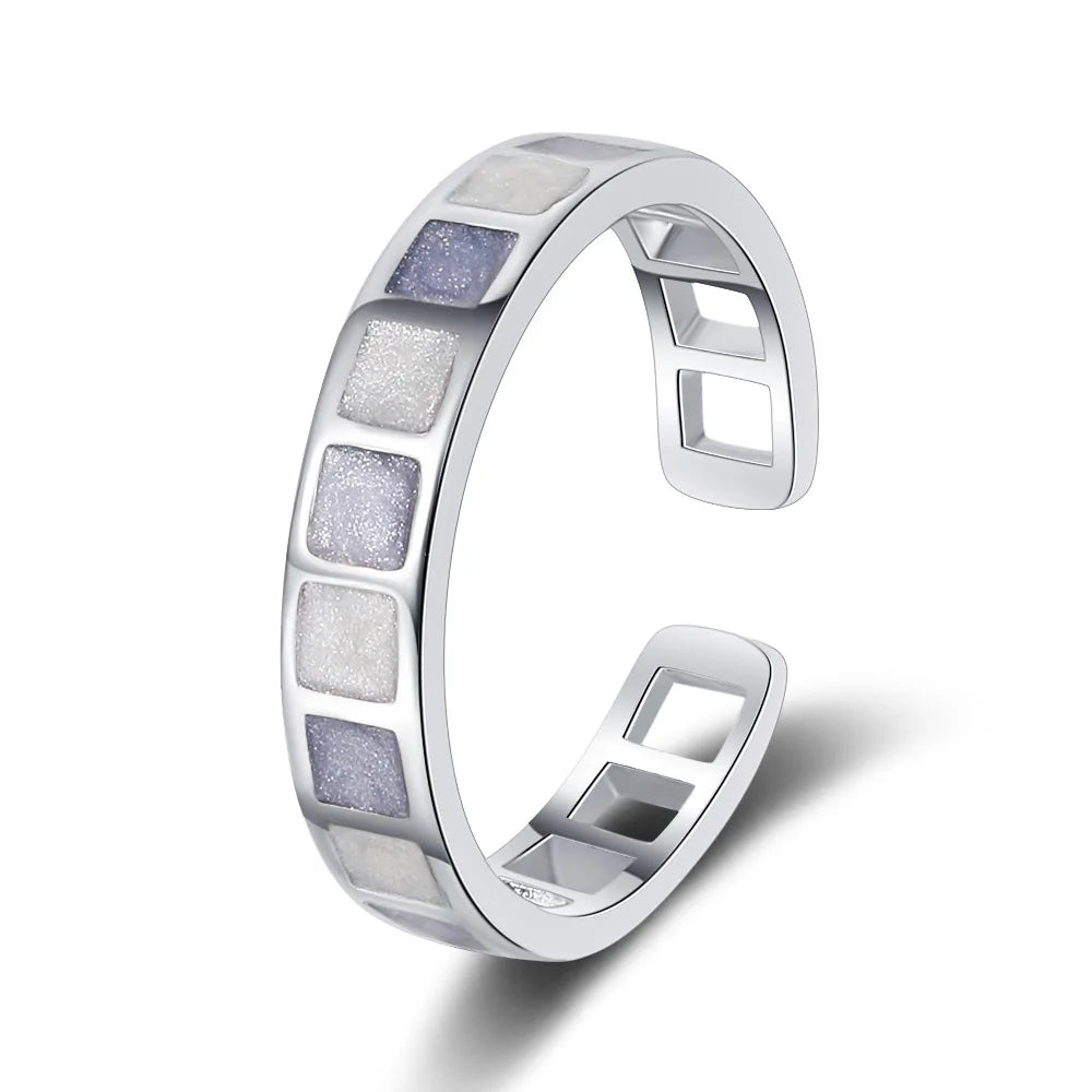 925 Silver Blue Square Adjustable Ring for Women Jewelry
