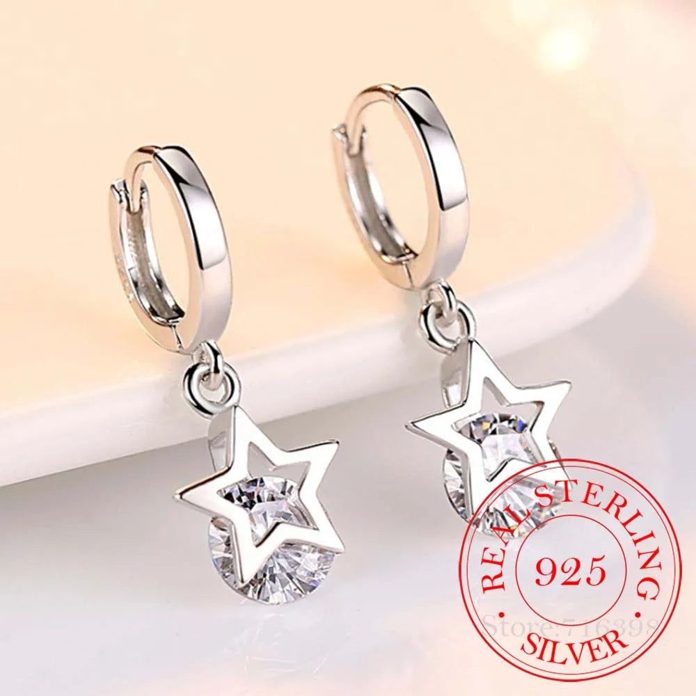 925 Silver Crystal Star Stud Earrings for Women & Girls