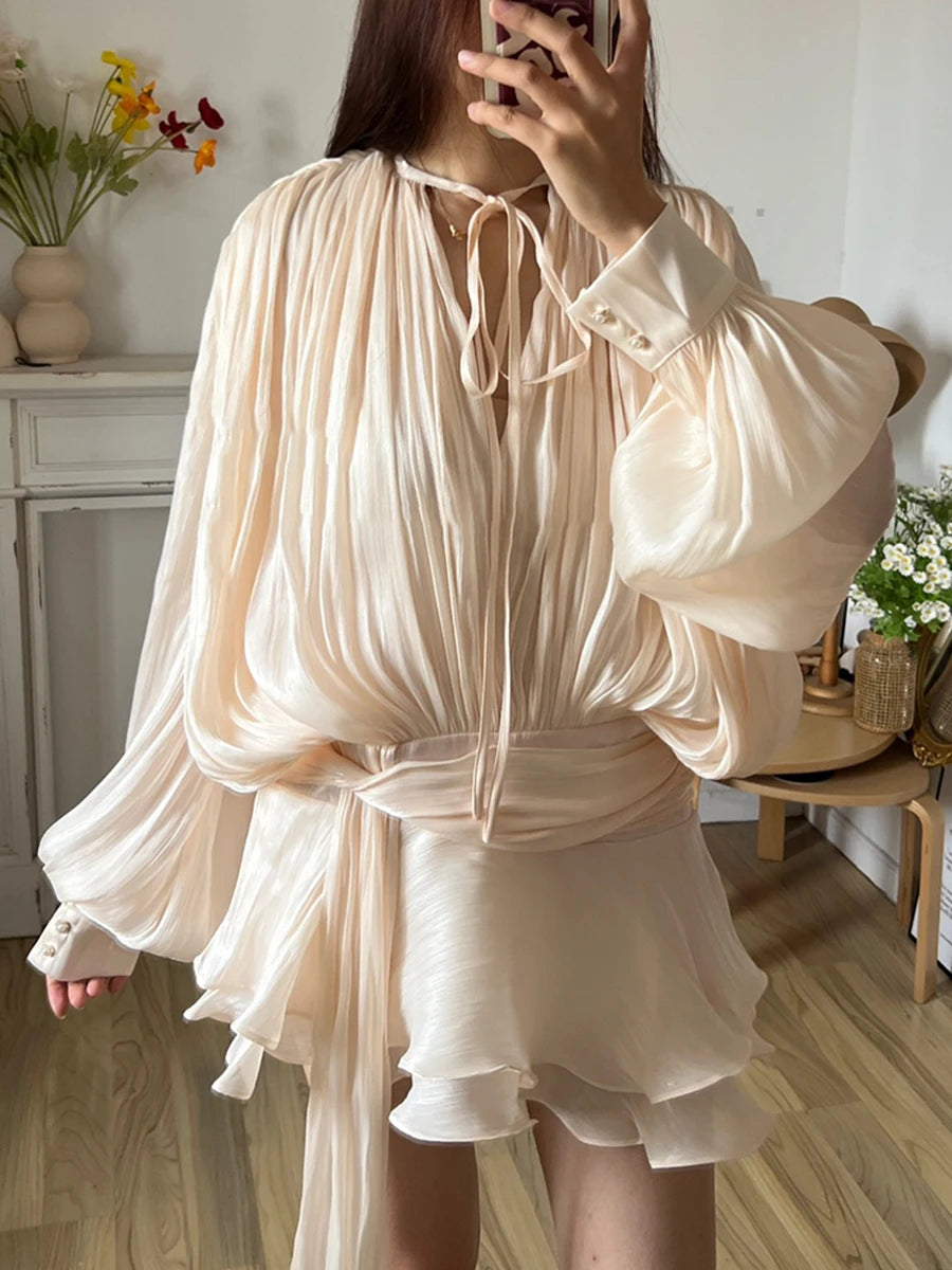 V-Neck Tie Mini Dress – Flowy Draped Sleeves & Woven Polyester