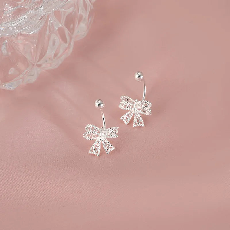 925 Silver Lace Heart Bow Stud Earrings for Women Jewelry