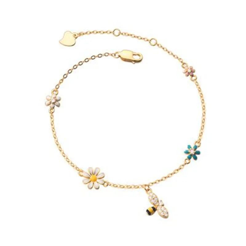 925 Silver Bee Daisy Zircon Tassel Bangle Bracelet Women