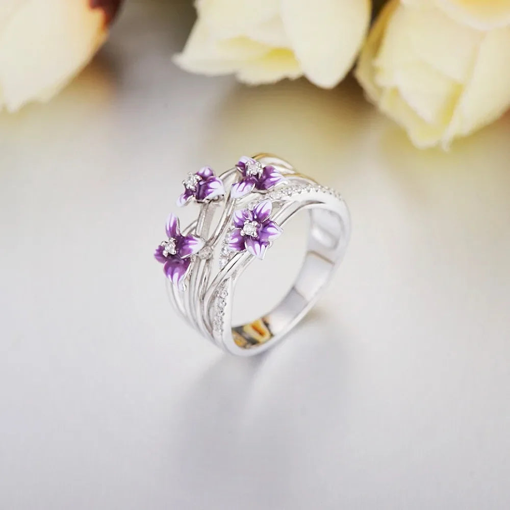 925 Sterling Silver Stackable Violet Drop Zircon Daisy Ring