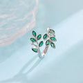 Green Crystal Sterling Silver Adjustable Leaf Ring