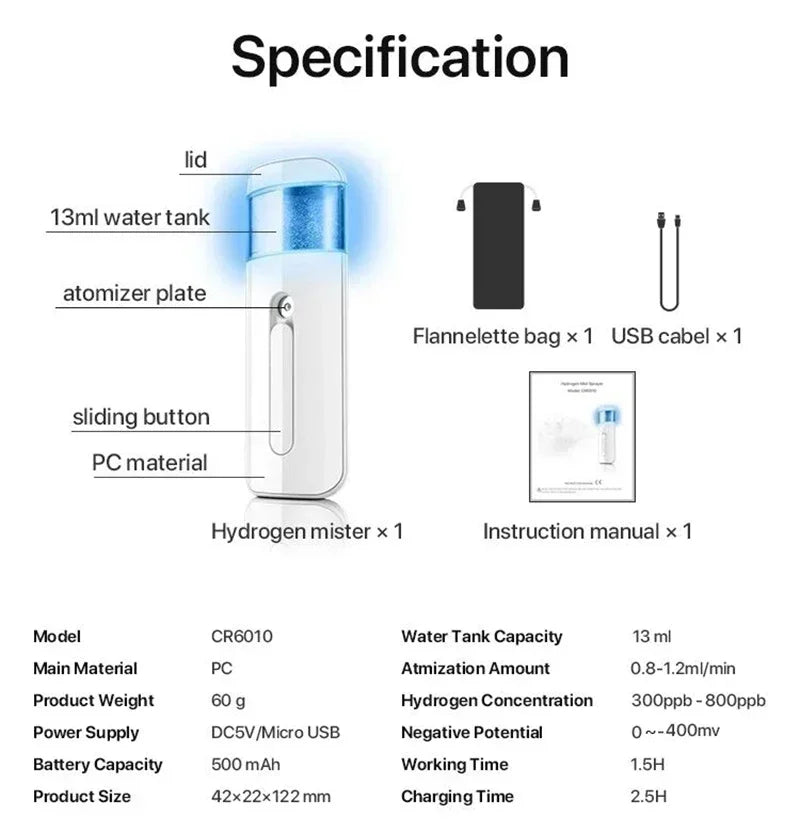 Portable Hydrogen Water Mister – 800PPB, Nano H2, Antioxidant