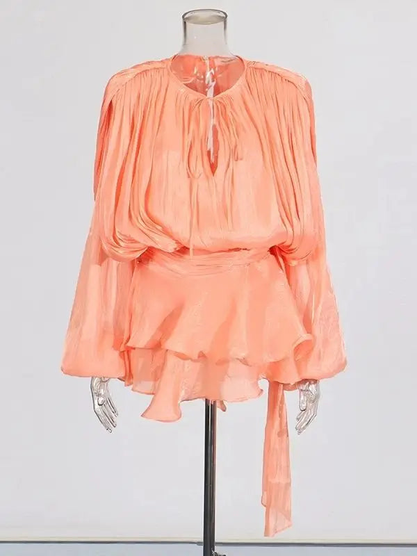 V-Neck Tie Mini Dress – Flowy Draped Sleeves & Woven Polyester