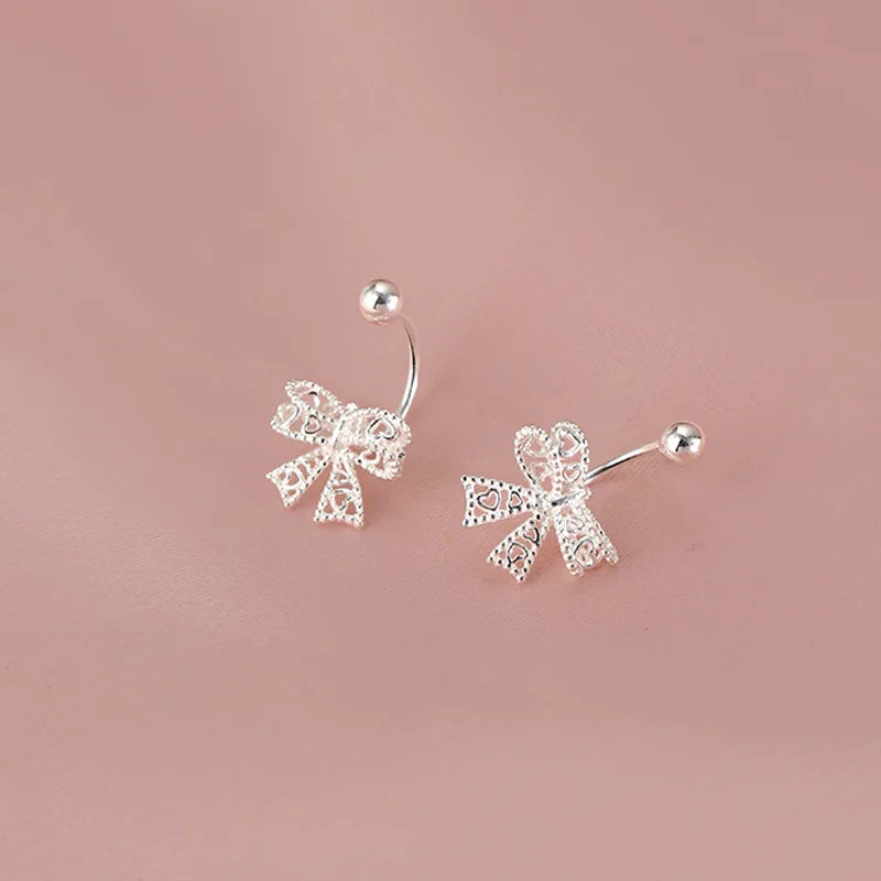 925 Silver Lace Heart Bow Stud Earrings for Women Jewelry