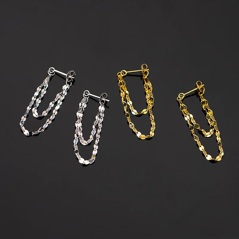 925 Sterling Silver Double Tassel Earrings, Long Sparkling Chains