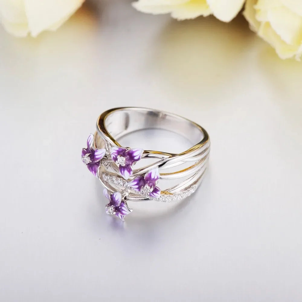 925 Sterling Silver Stackable Violet Drop Zircon Daisy Ring