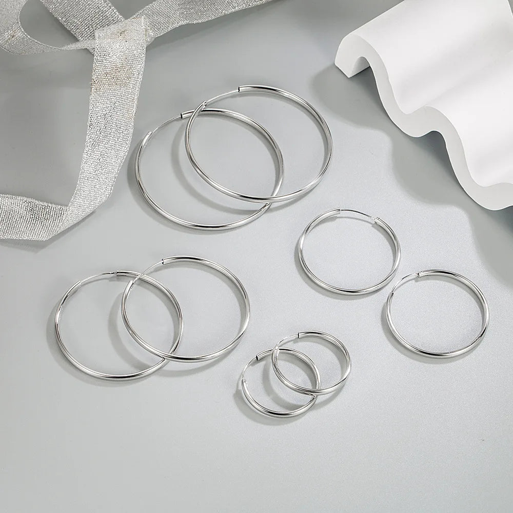 925 Sterling Silver 3MM Thick Hoop Earrings Women Wedding Trend