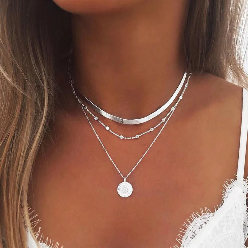 925 Sterling Silver 3-Layer Necklace Snake & Ball Chain