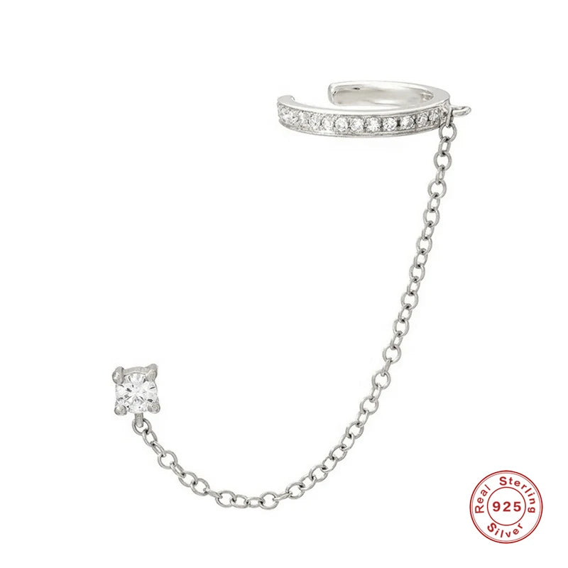 925 Sterling Silver CZ Ear Cuff Chain Tassel Stud Earrings