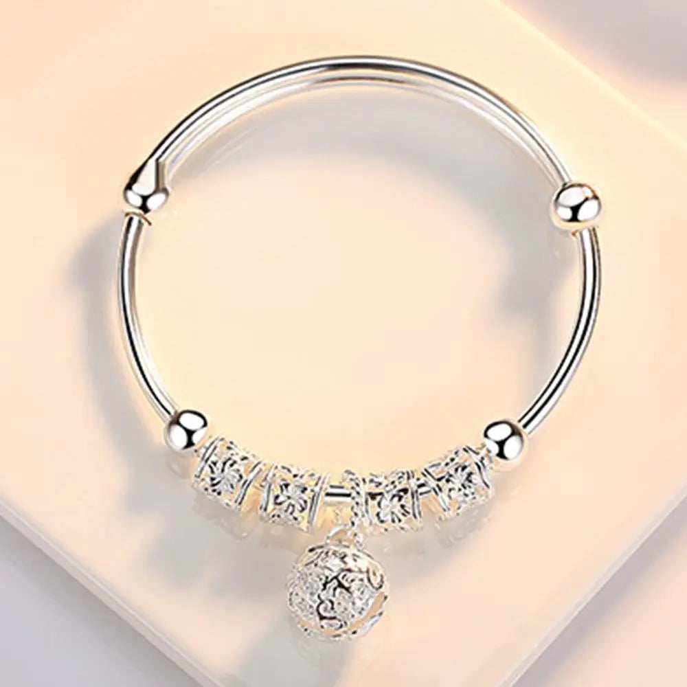 925 Sterling Silver Hollow Bell Ball Adjustable Bangle Bracelet