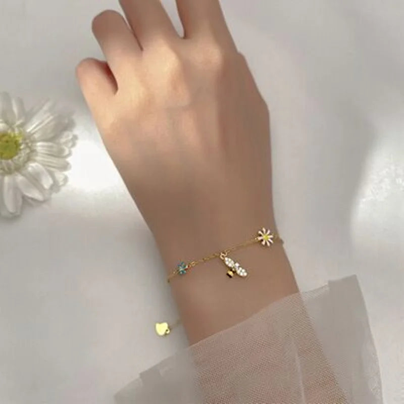 925 Silver Bee Daisy Zircon Tassel Bangle Bracelet Women