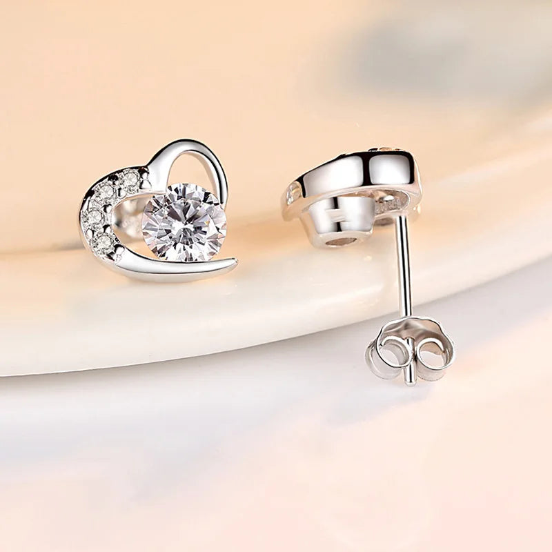 925 Sterling Silver Crystal Heart Stud Earrings for Women