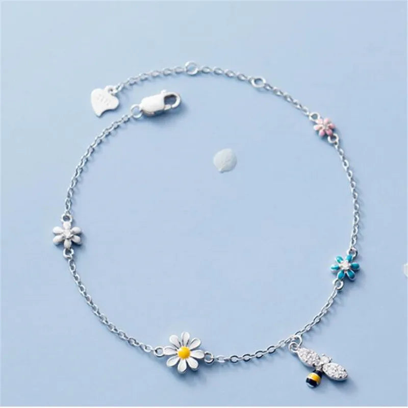 925 Silver Bee Daisy Zircon Tassel Bangle Bracelet Women