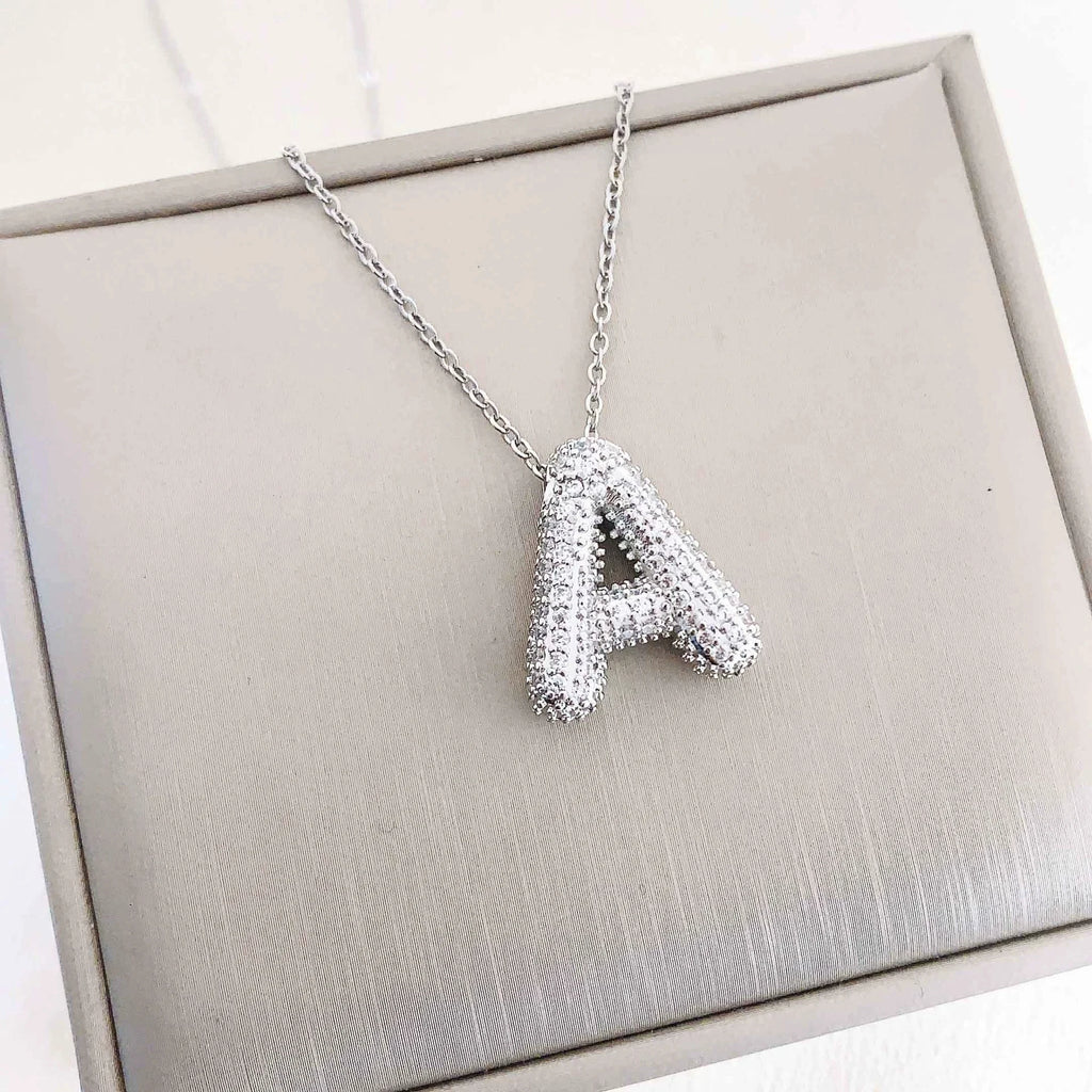 Bubble Initial Necklace – Sparkly A-Z Pavé Letter Pendant