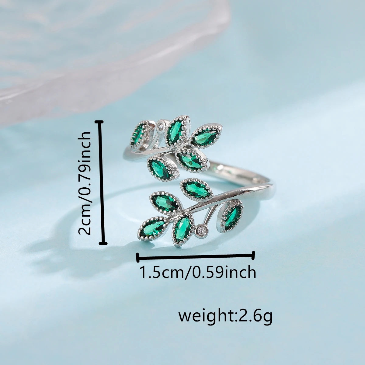 Green Crystal Sterling Silver Adjustable Leaf Ring