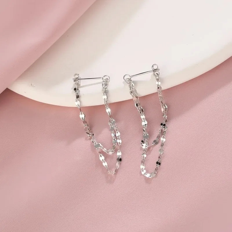 925 Sterling Silver Double Tassel Earrings, Long Sparkling Chains