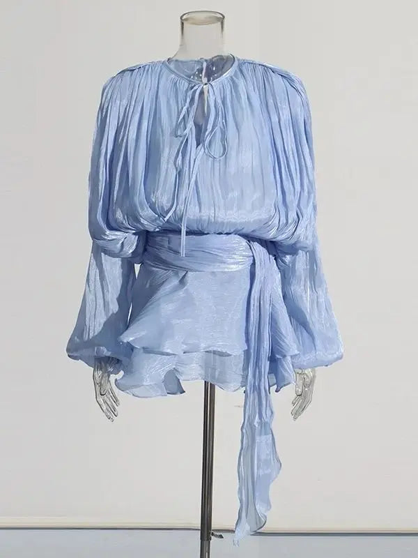 V-Neck Tie Mini Dress – Flowy Draped Sleeves & Woven Polyester
