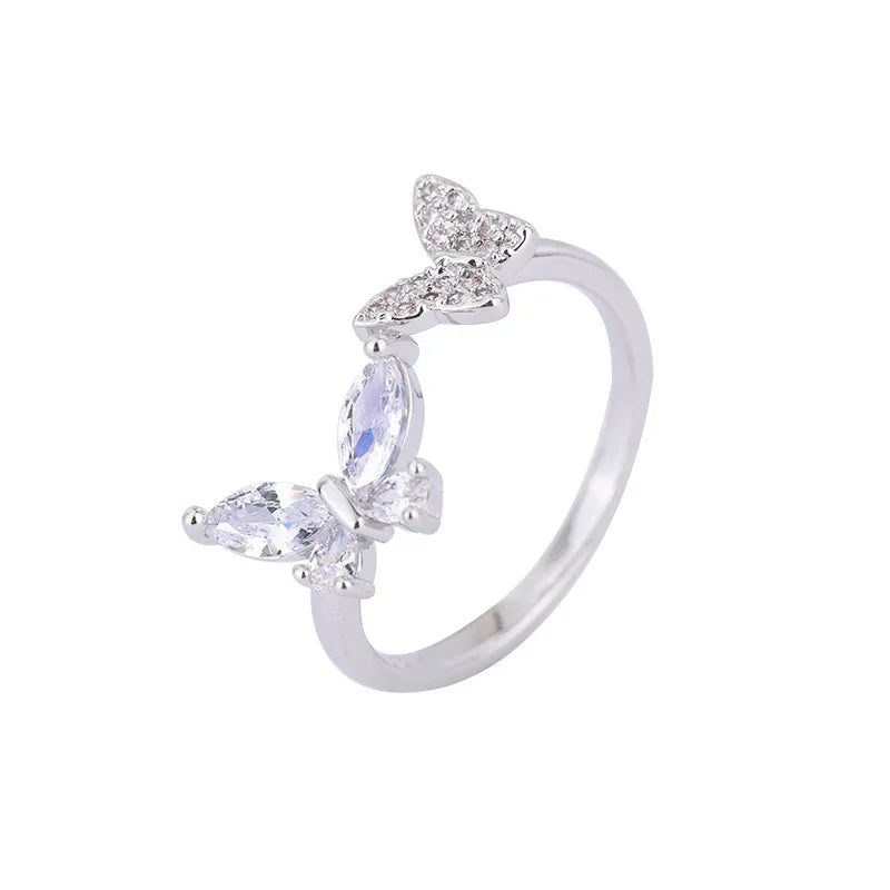 925 Sterling Silver Butterfly Zircon Open Ring - Luxury Jewelry
