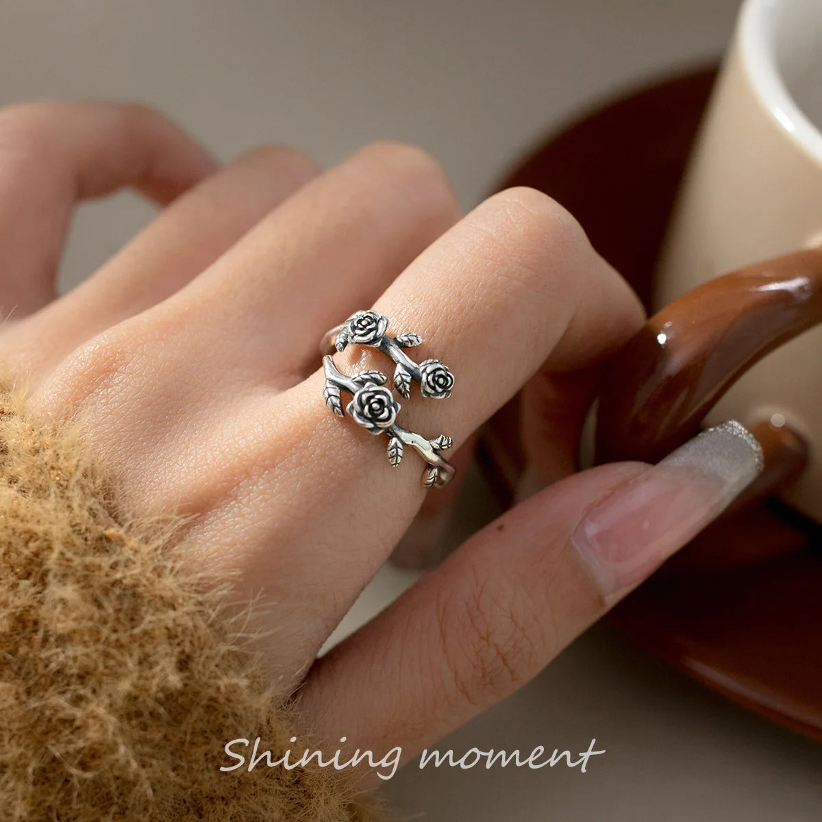 925 Silver Rose Branch Adjustable Ring Women