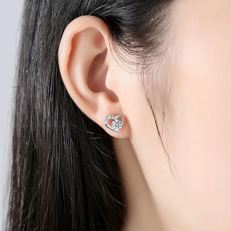 925 Sterling Silver Crystal Heart Stud Earrings for Women
