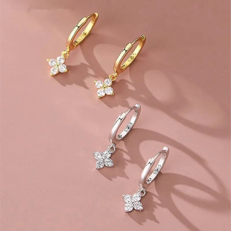 925 Silver Zircon Four Leaf Hoop Earrings for Women Girls