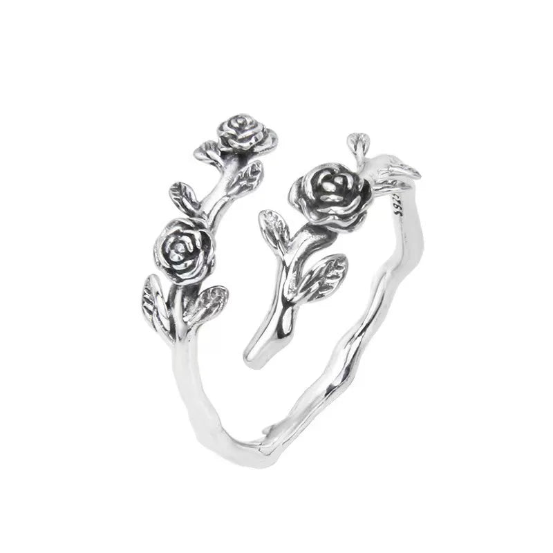 925 Silver Rose Branch Adjustable Ring Women