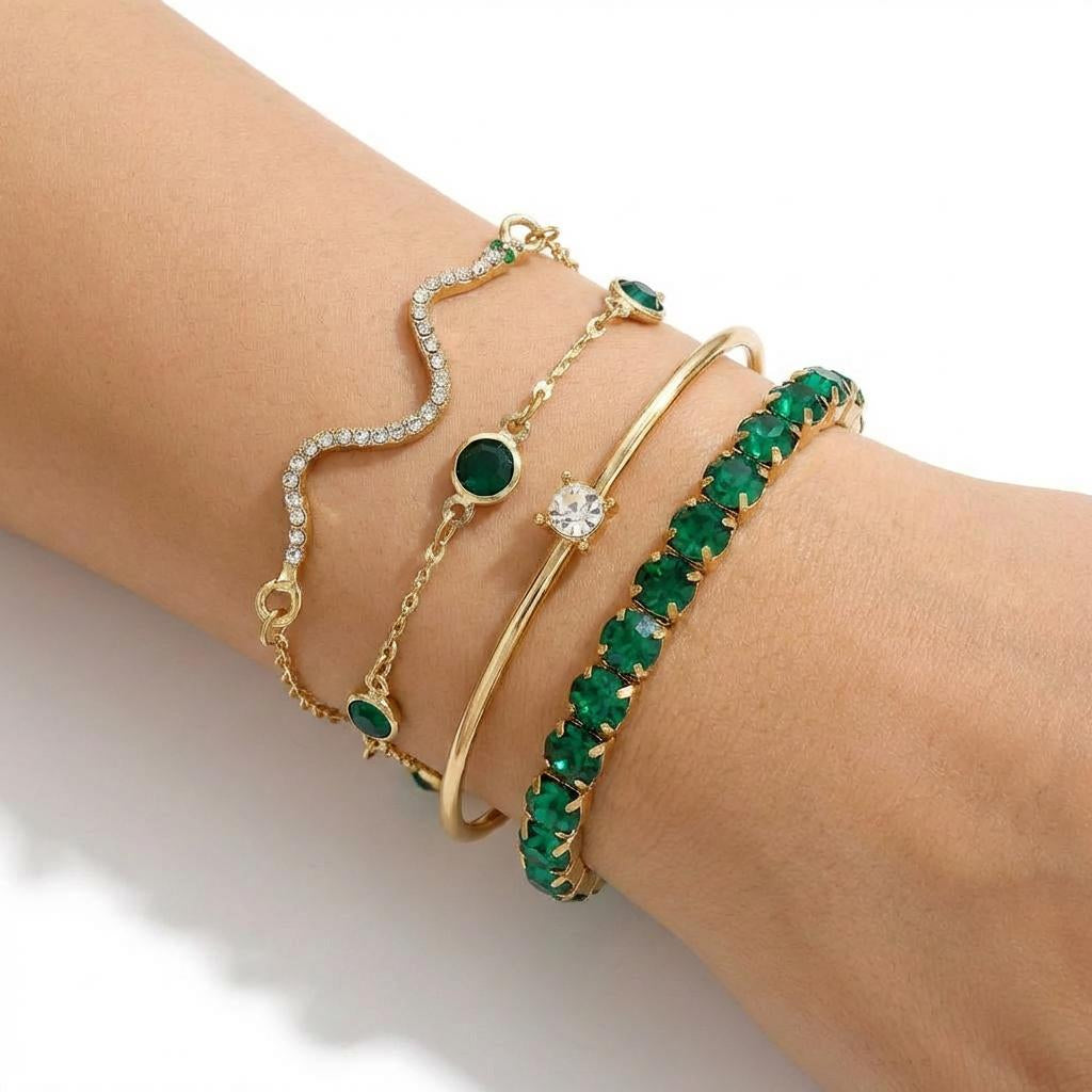 Emerald Crystal Bracelet Set – Geometric Stack (4PCS)