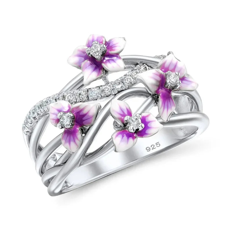 925 Sterling Silver Stackable Violet Drop Zircon Daisy Ring