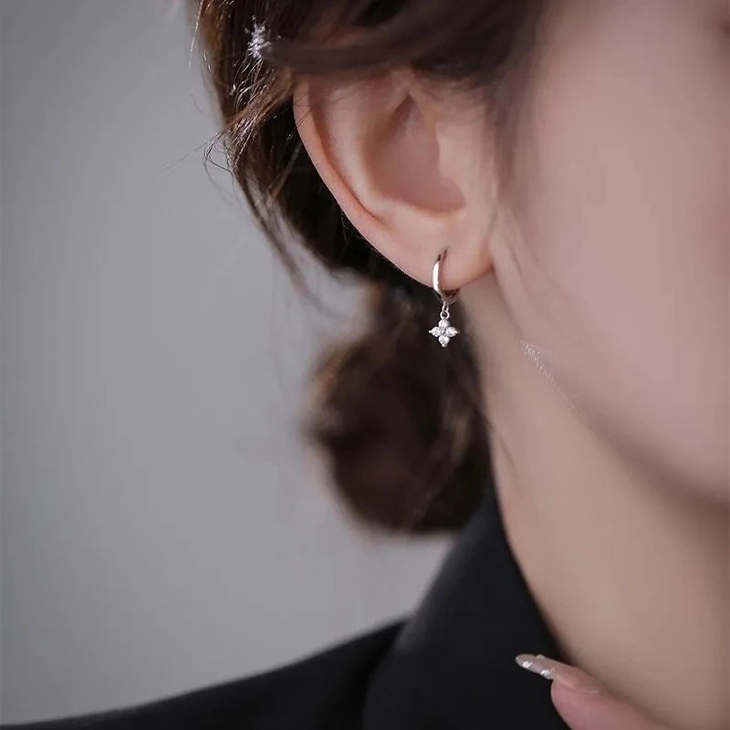 925 Silver Zircon Four Leaf Hoop Earrings for Women Girls