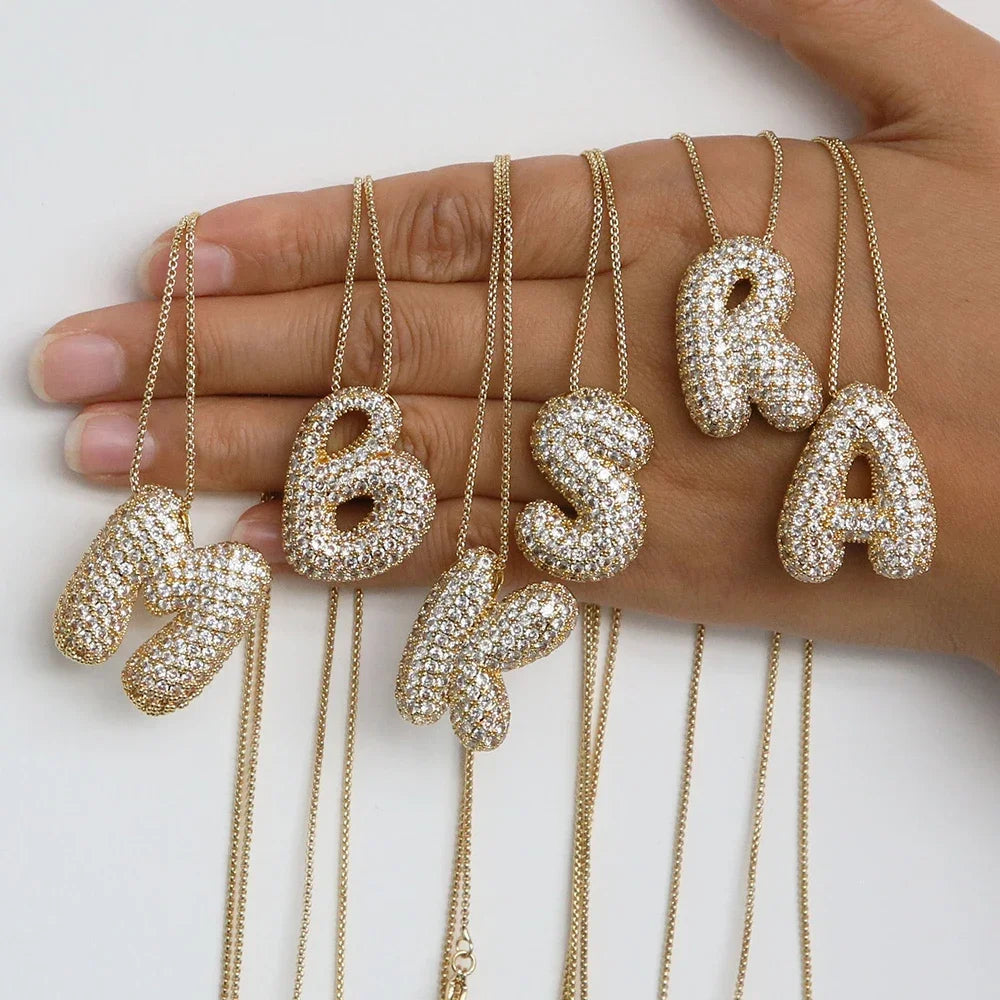 Gold Bubble Letter Necklace A-Z, Sparkly Zircon Initial Pendant