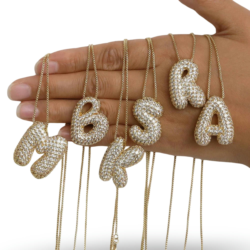 Gold Bubble Letter Necklace A-Z, Sparkly Zircon Initial Pendant