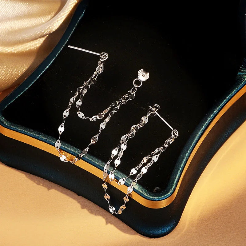 925 Sterling Silver Double Tassel Earrings, Long Sparkling Chains