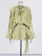 V-Neck Tie Mini Dress – Flowy Draped Sleeves & Woven Polyester