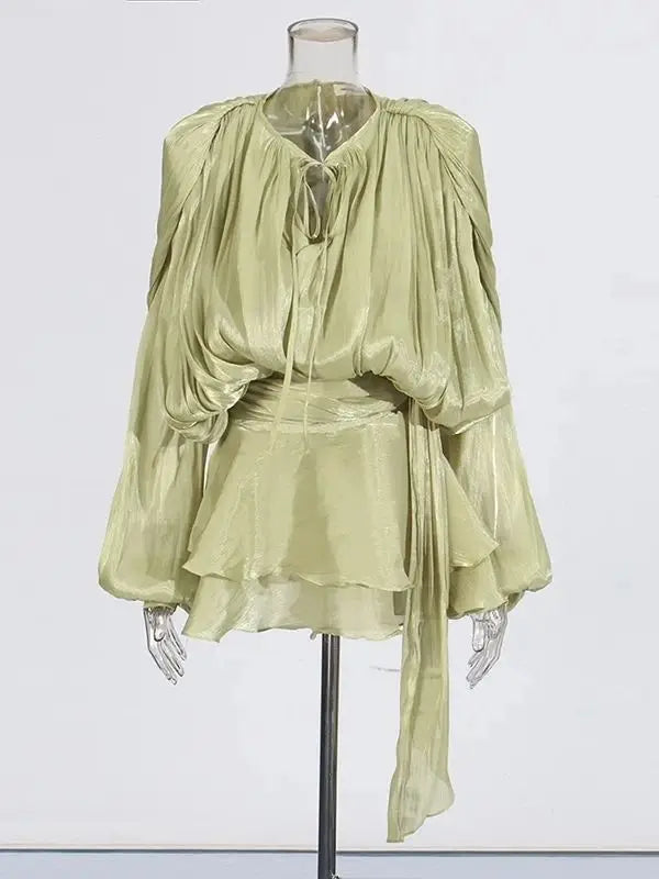 V-Neck Tie Mini Dress – Flowy Draped Sleeves & Woven Polyester