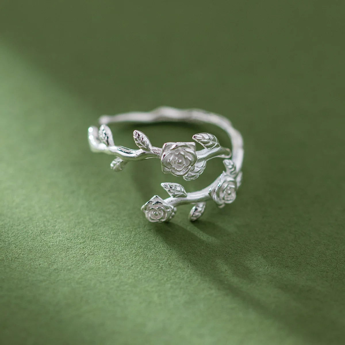 925 Silver Rose Branch Adjustable Ring Women