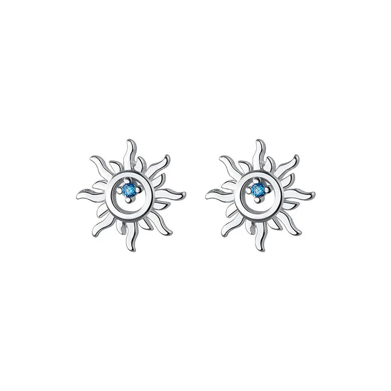 925 Silver Blue Zircon Sun Stud Earrings Women Elegant Jewelry