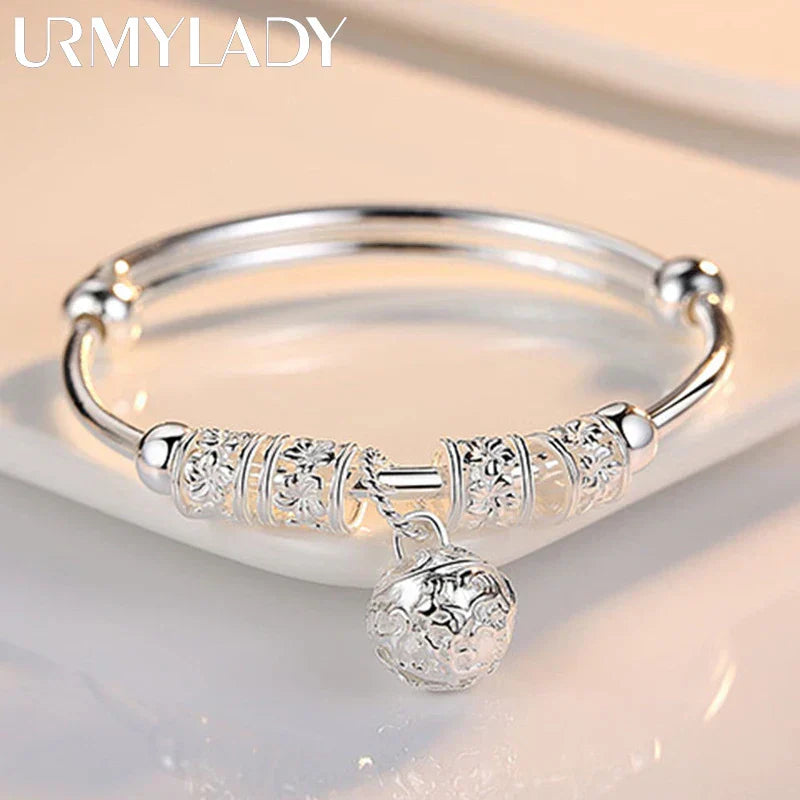925 Sterling Silver Hollow Bell Ball Adjustable Bangle Bracelet