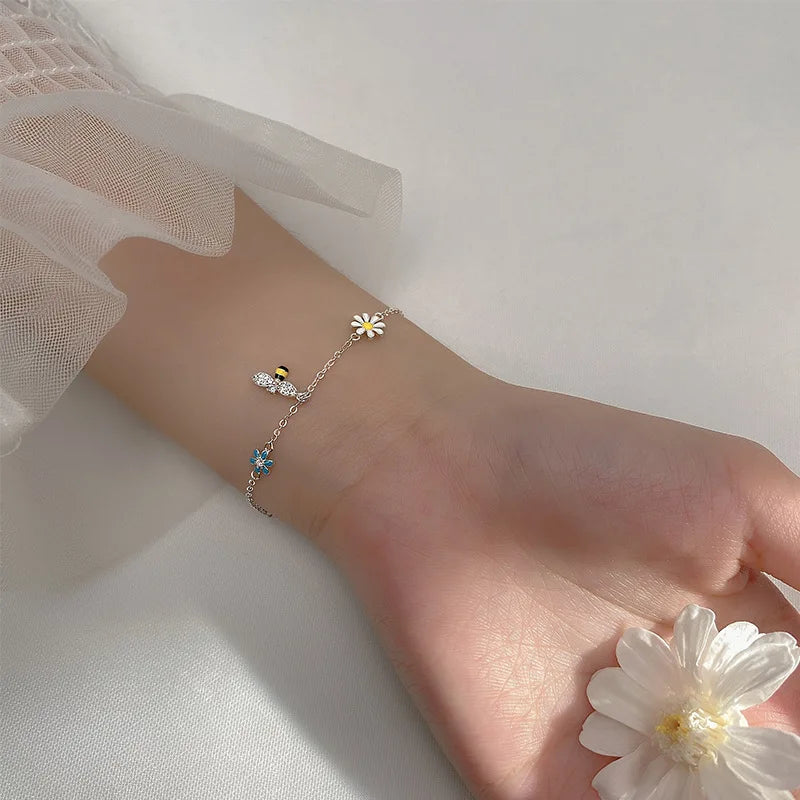 925 Silver Bee Daisy Zircon Tassel Bangle Bracelet Women