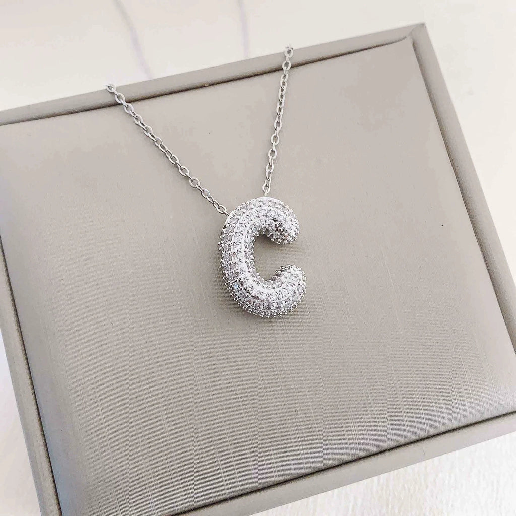 Bubble Initial Necklace – Sparkly A-Z Pavé Letter Pendant
