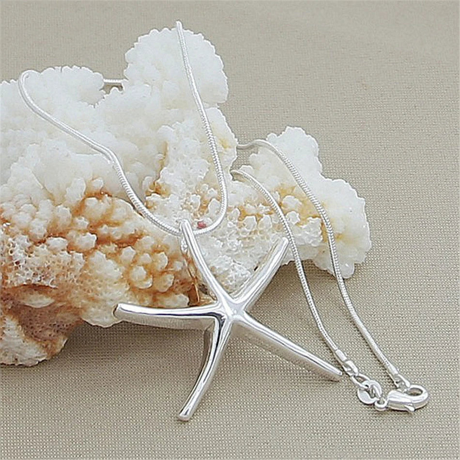 925 Sterling Silver Star & Starfish Charm Necklace (40-75cm)