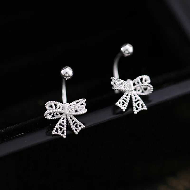 925 Silver Lace Heart Bow Stud Earrings for Women Jewelry