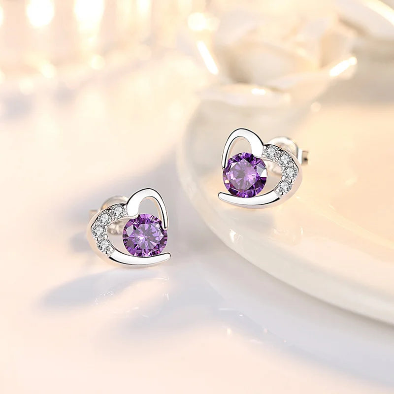 925 Sterling Silver Crystal Heart Stud Earrings for Women