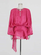 V-Neck Tie Mini Dress – Flowy Draped Sleeves & Woven Polyester