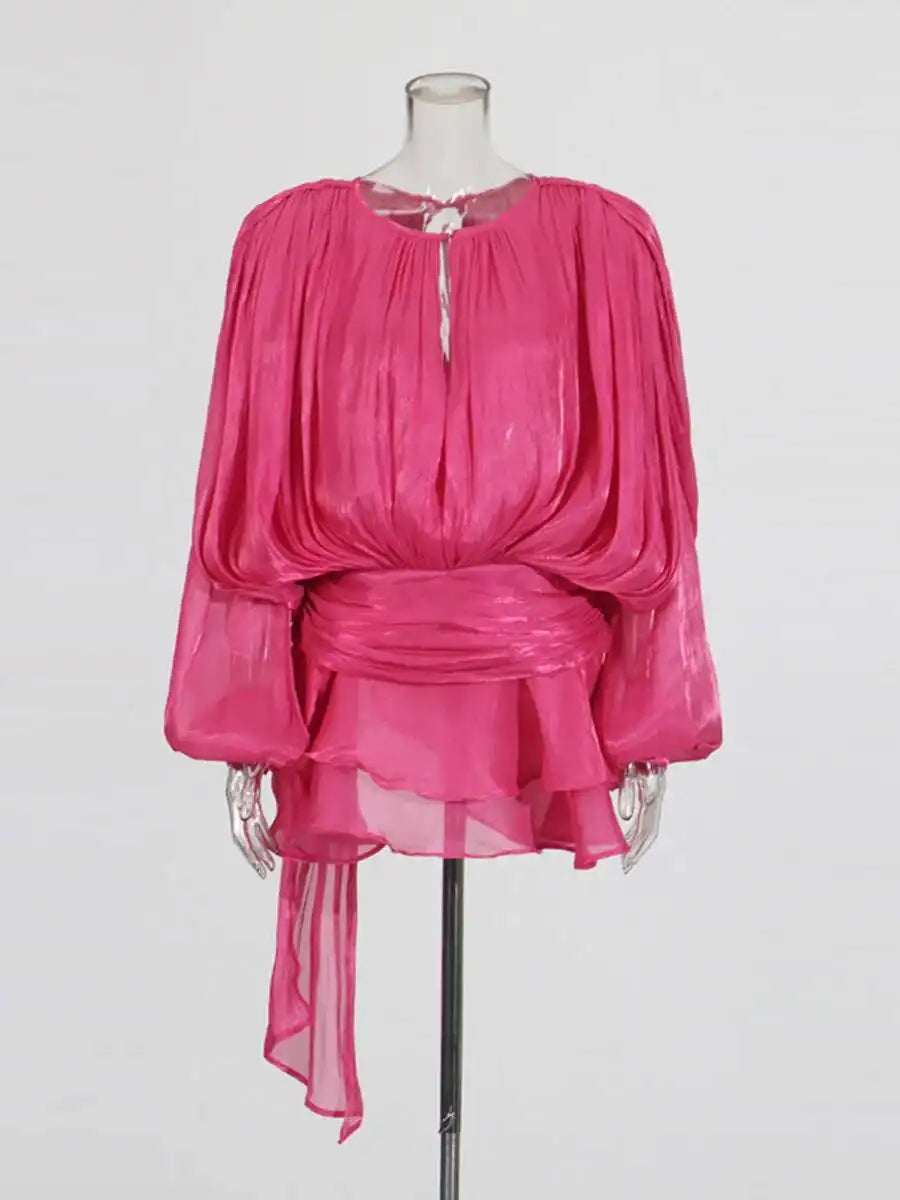 V-Neck Tie Mini Dress – Flowy Draped Sleeves & Woven Polyester