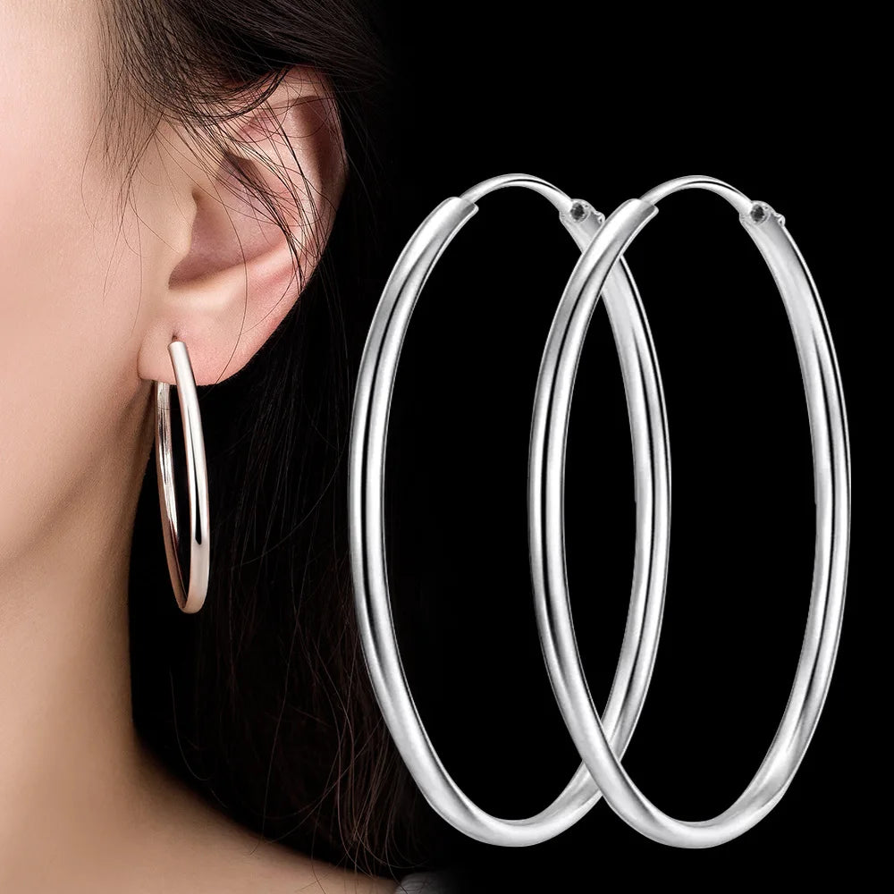 925 Sterling Silver 3MM Thick Hoop Earrings Women Wedding Trend