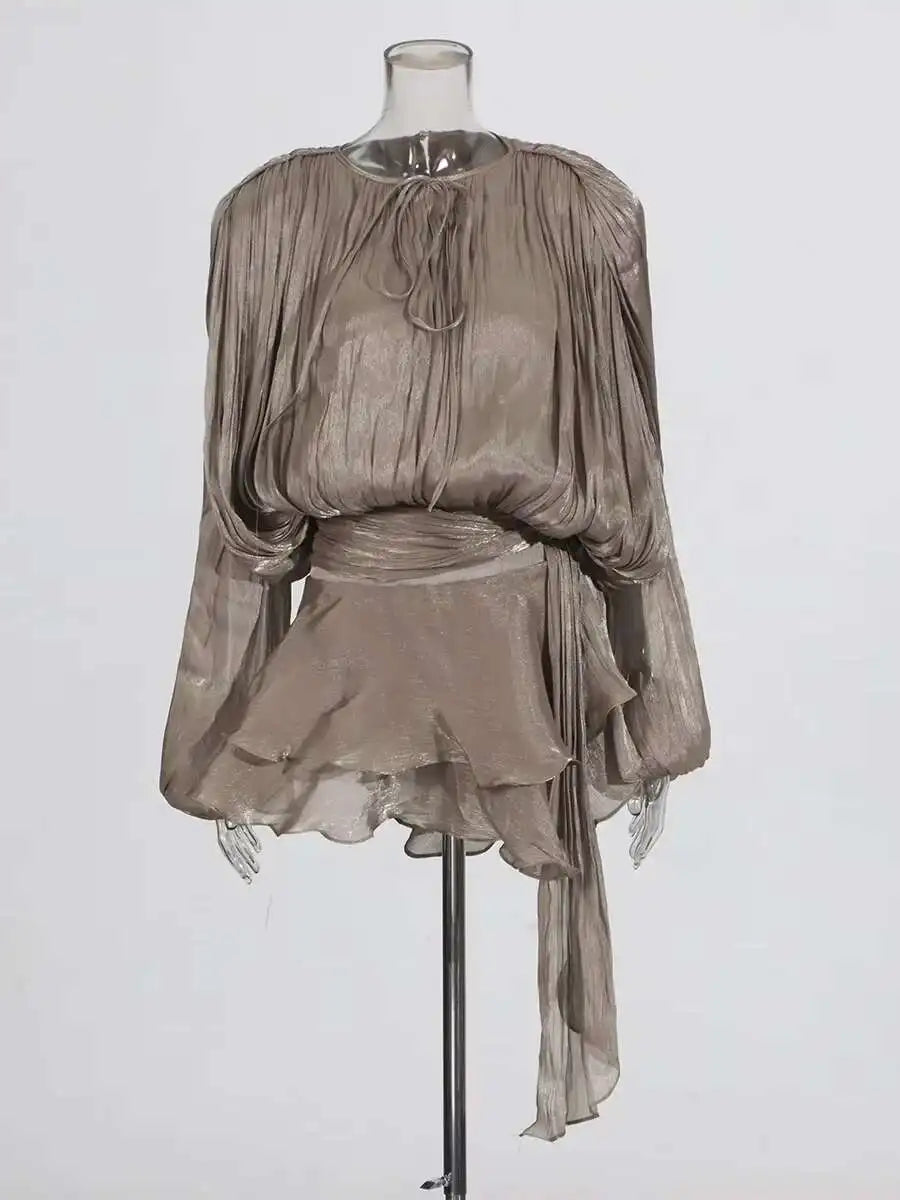V-Neck Tie Mini Dress – Flowy Draped Sleeves & Woven Polyester